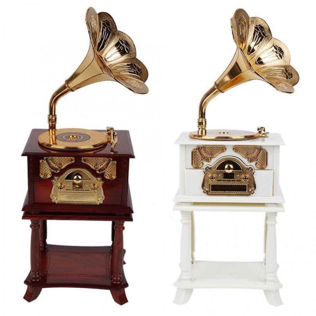 Nostaljik Sehpalı Ahşap Görünümlü Gramofon Müzik Kutusu