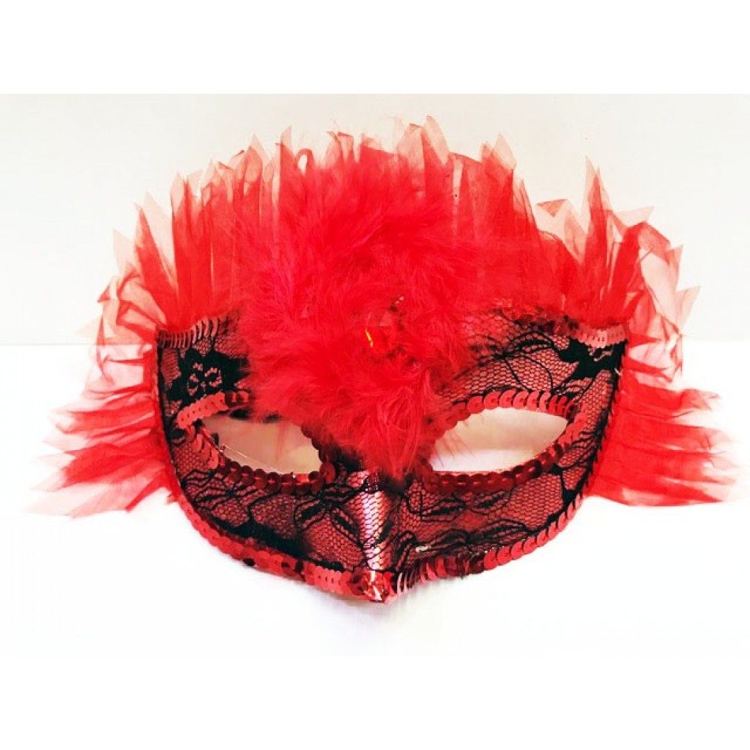 Kırmızı Renk Kırmızı Tüllü Pul İşlemeli Yılbaşı Parti Maskesi