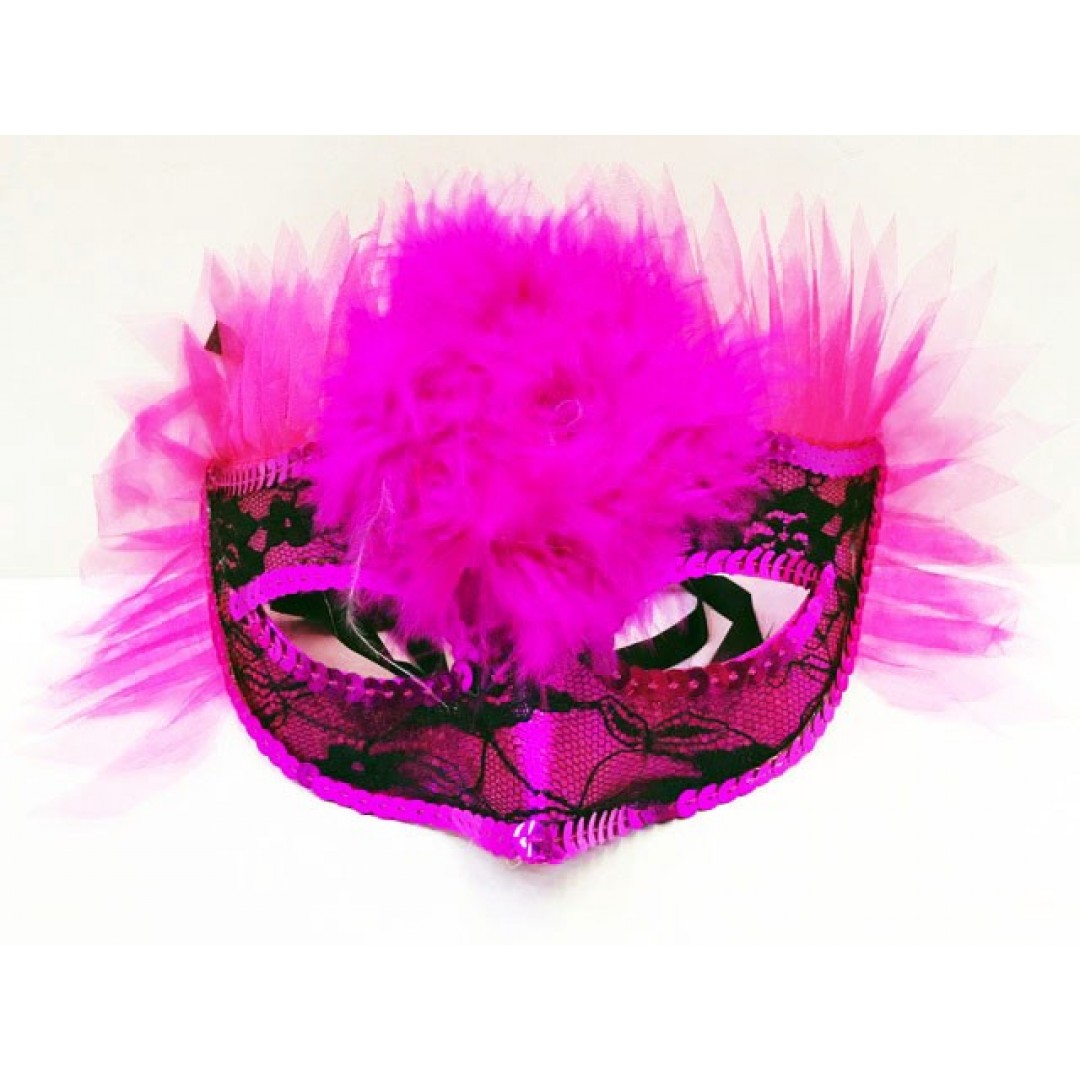 Pembe Renk Pembe Tüllü Pul İşlemeli Yılbaşı Parti Maskesi
