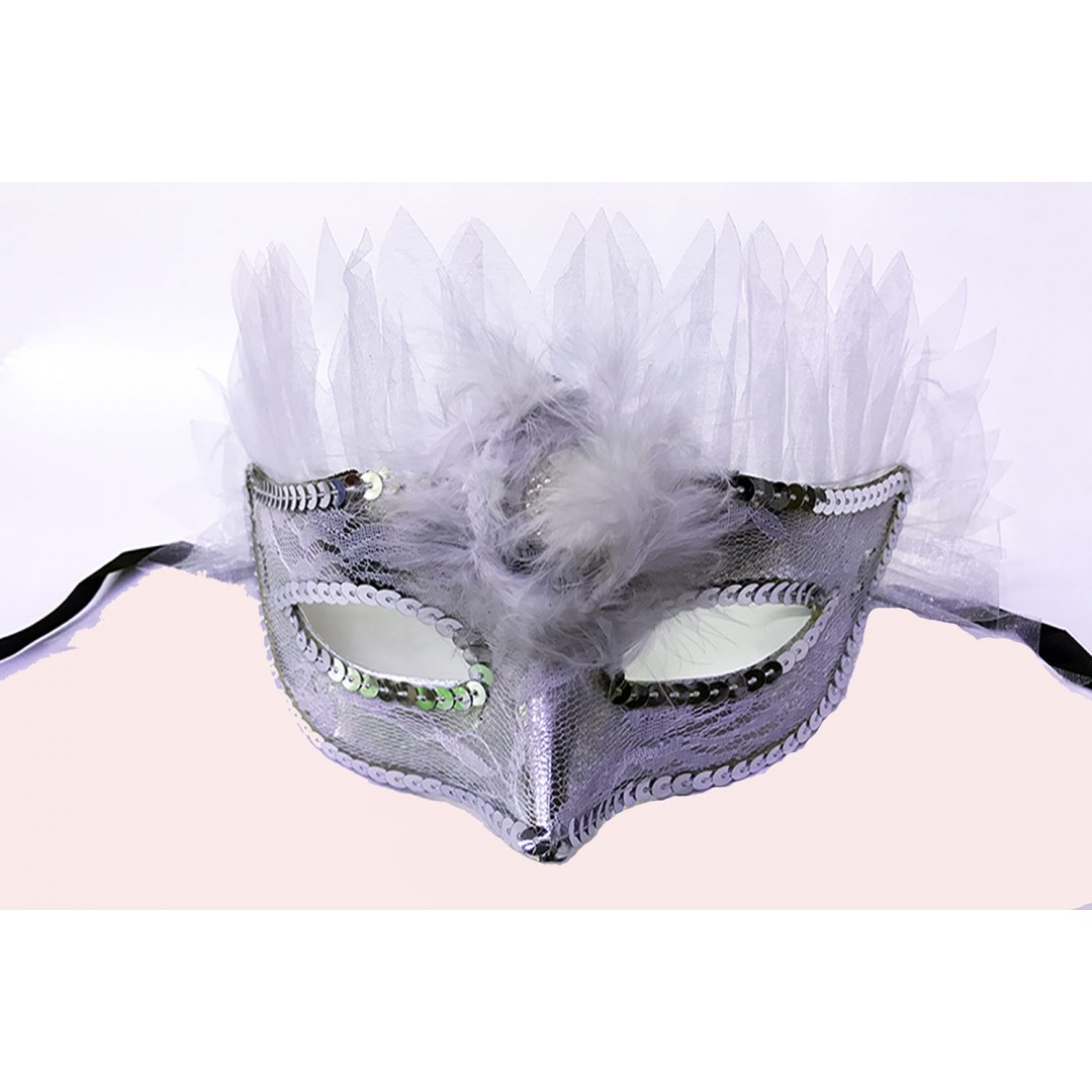 Beyaz Renk Beyaz Tüllü Pul İşlemeli Yılbaşı Parti Maskesi