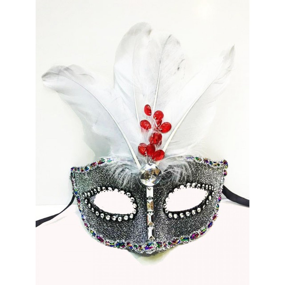 Boncuk İşlemeli Dantelli Tüylü Yılbaşı Parti Maskesi Gümüş Renk