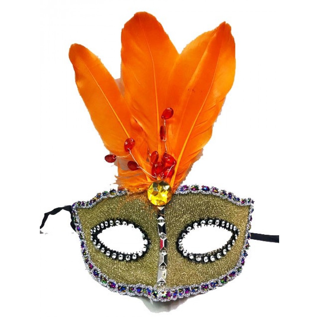 Boncuk İşlemeli Dantelli Turuncu Tüylü Yılbaşı Parti Maskesi Gold Renk