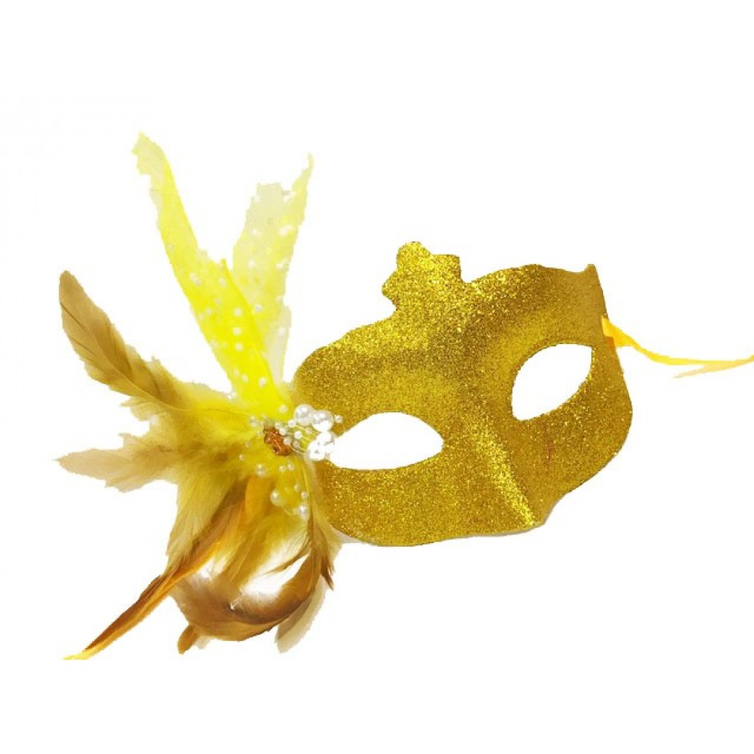 Sim İşlemeli Yandan Tüylü Yılbaşı Maskesi Altın Renk