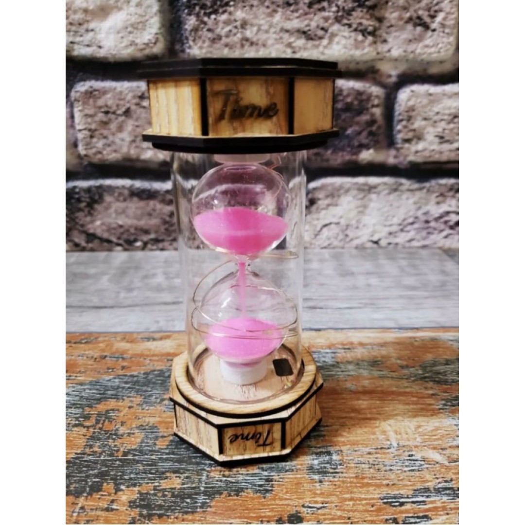 Işıklı Dekoratif Cam Ahşap Kum Saati (pembe)