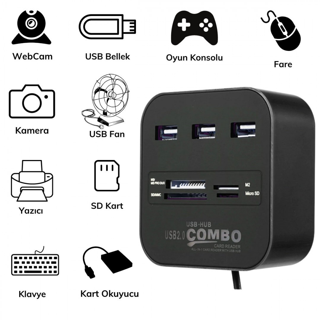 3 Port Girişli Güçlü Usb 2.0 Port Çoklayıcı Çoğaltıcı Adaptör Hub Ve Kart Reader Okuyucu