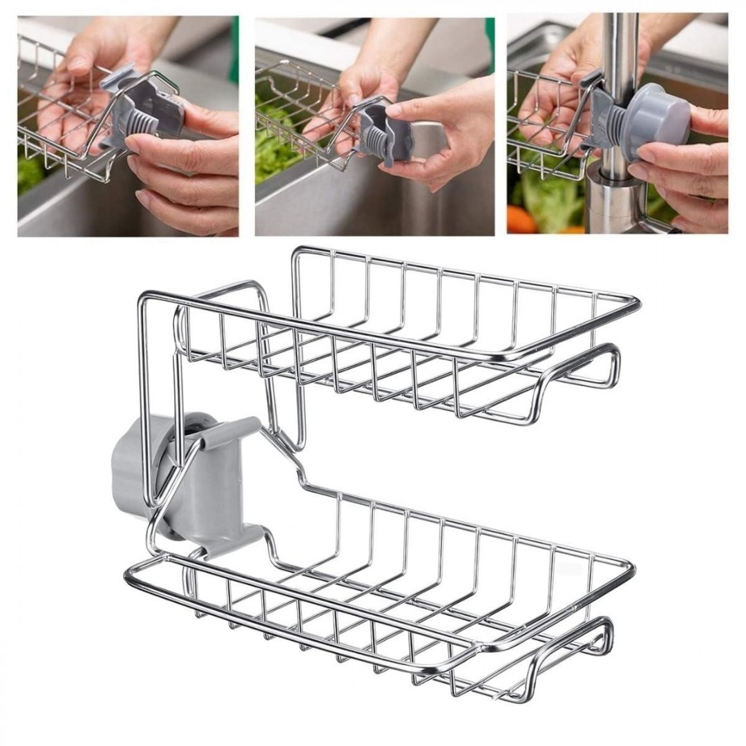 Paslanmaz Çelik İki Katlı Mutfak Ve Banyo Organizer Musluk Sabunluk Şampuanlık Rafı