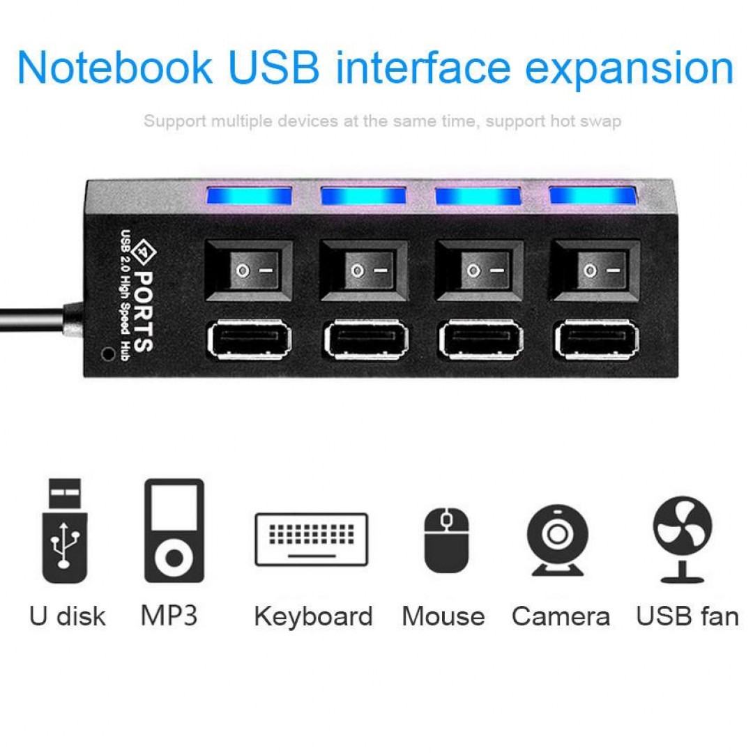 4 Usb Port Çoklayıcı Anahtarlı Işıklı Çoğaltıcı Switch 2.0