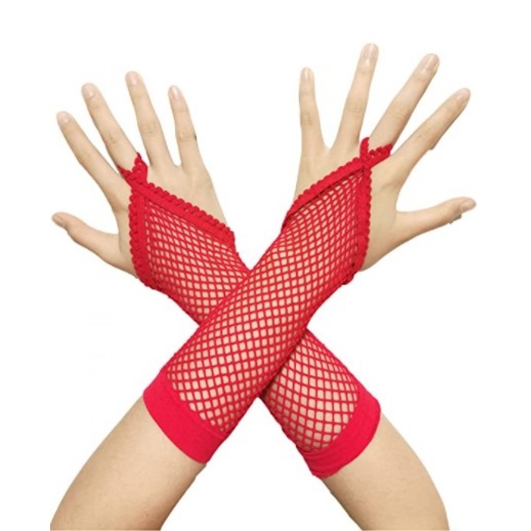 Kırmızı Renk Parmak Arası File Örgü Eldiven 26 Cm