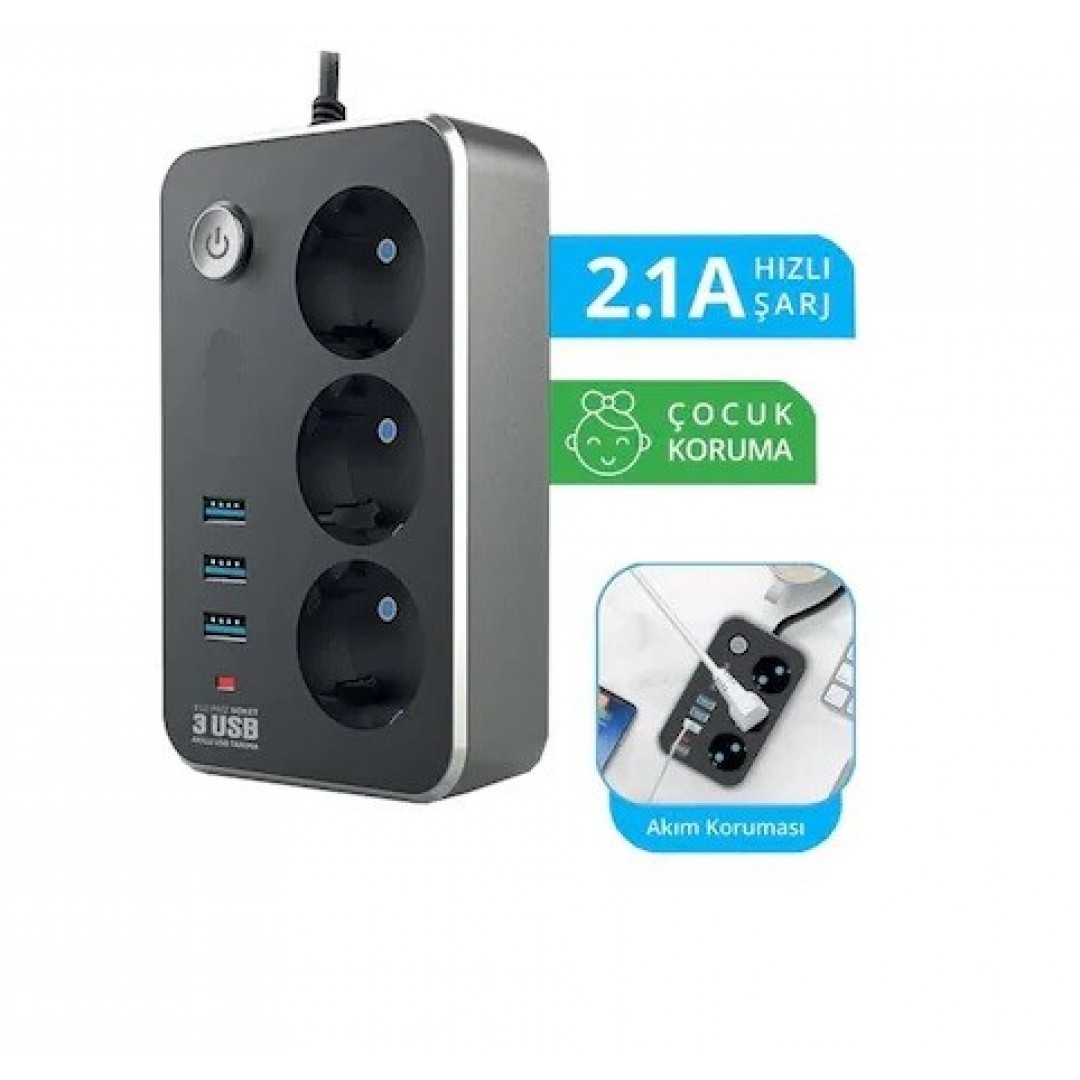 Mi Gold Termal Akım Korumalı Çoklu Priz Uzatma Kablosu  3 Usb Li Şarj Cihazı -aç/kapa Sistemi