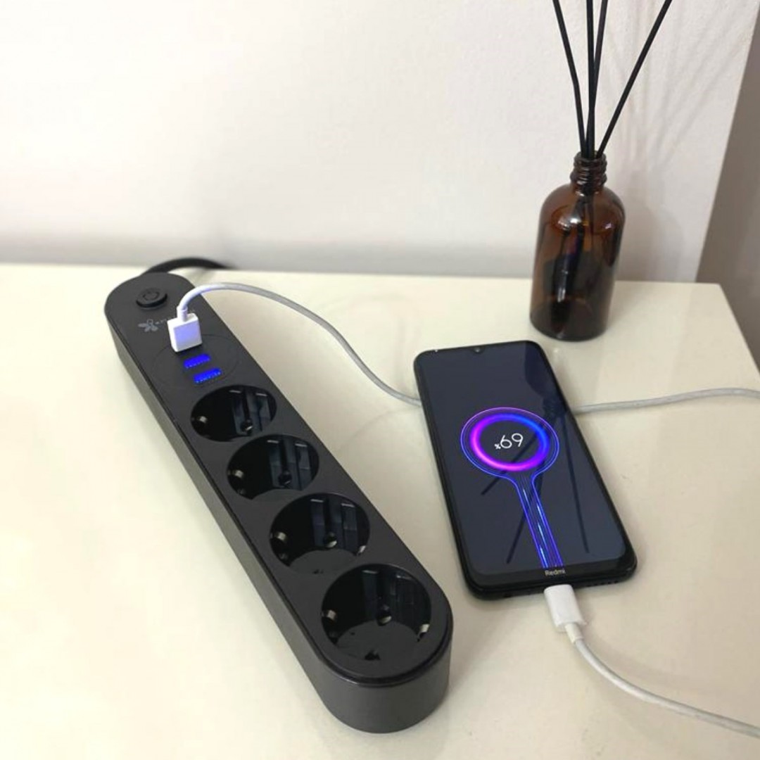 Pratik 4'lü Siyah Anahtarlı 3 Usb Li Akım Korumalı Topraklı Çocuk Korumalı Grup Priz 2 Metre