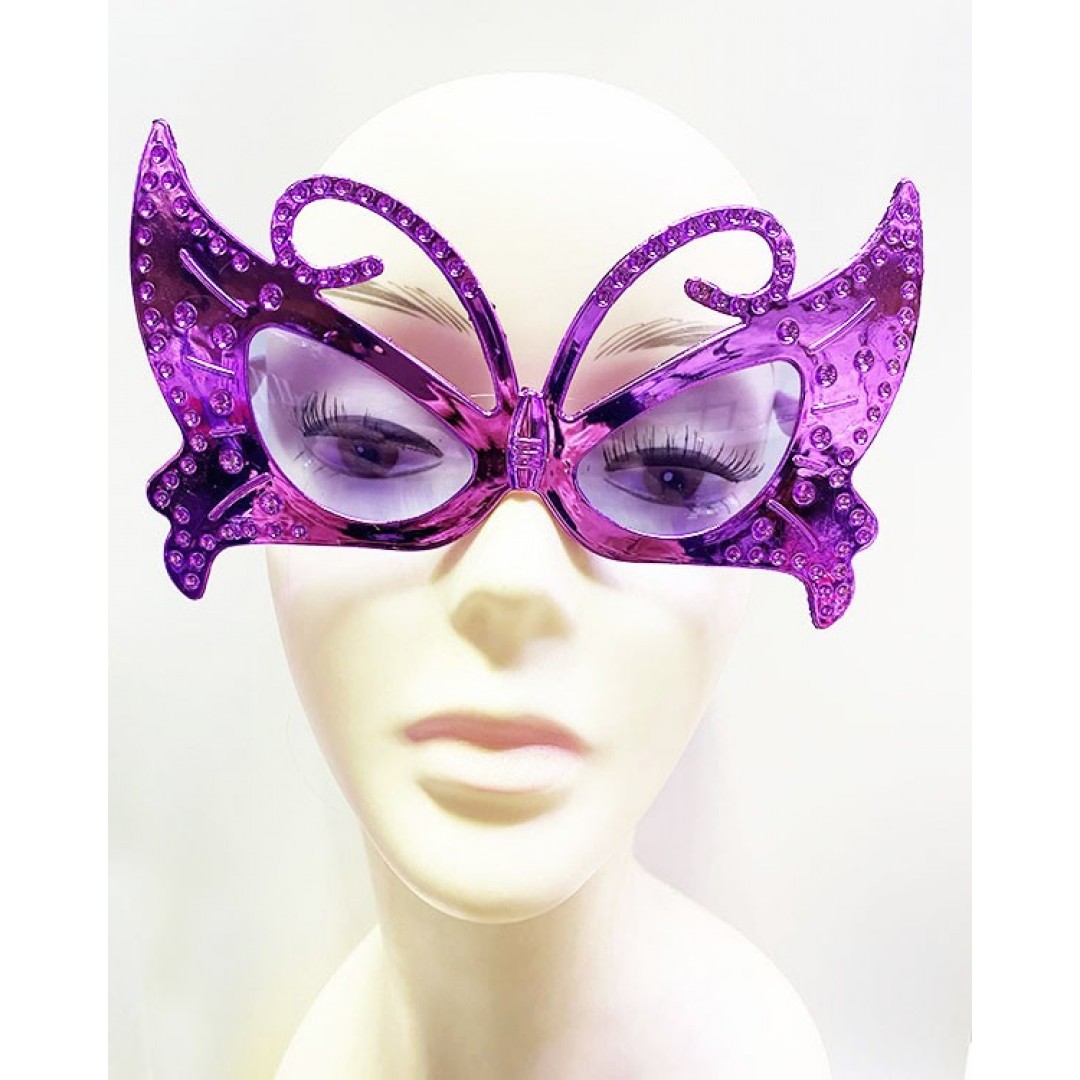 Metalize Kelebek Şekilli Parlak Parti Gözlüğü Mor Renk 15x9 Cm