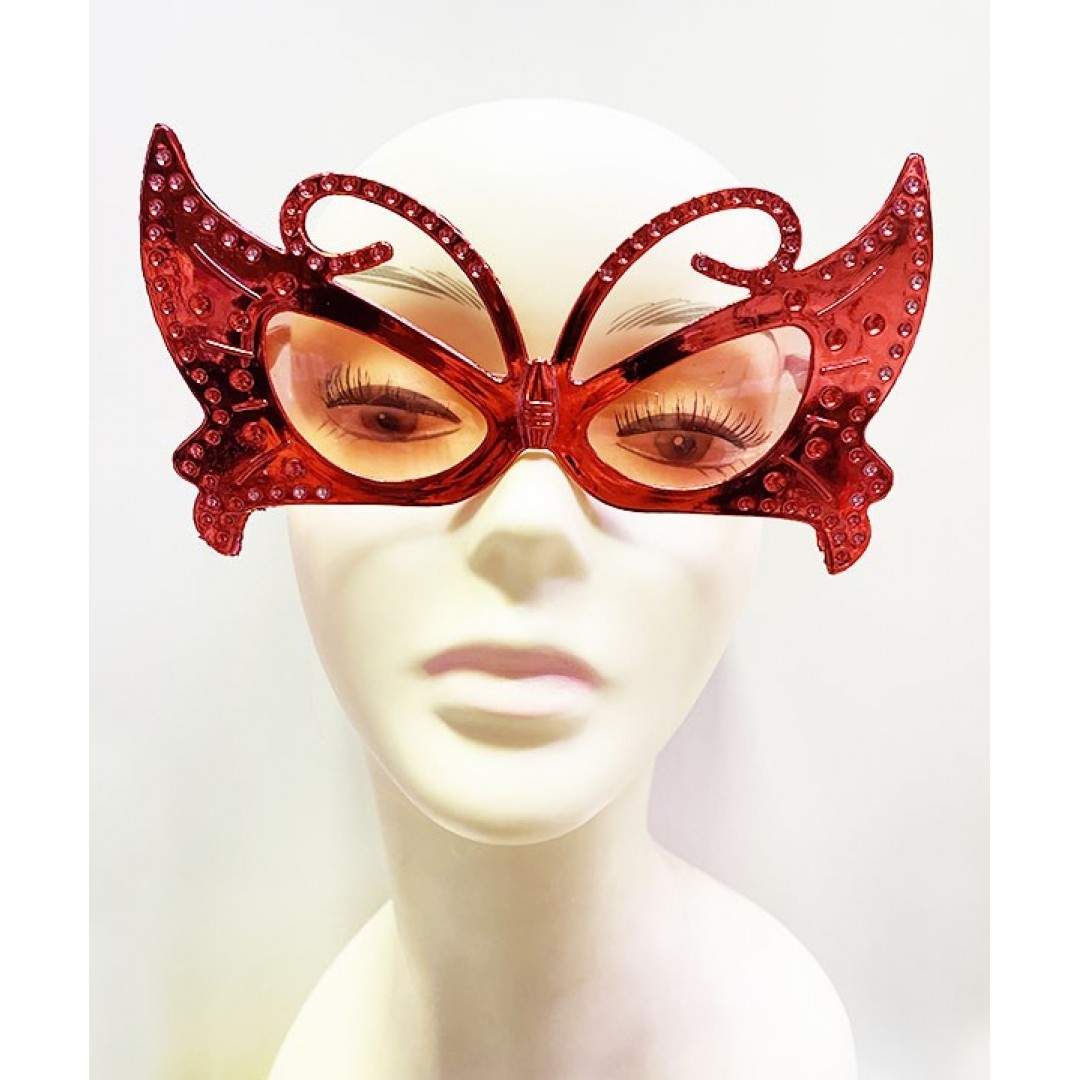 Metalize Kelebek Şekilli Parlak Parti Gözlüğü Kırmızı Renk 15x9 Cm