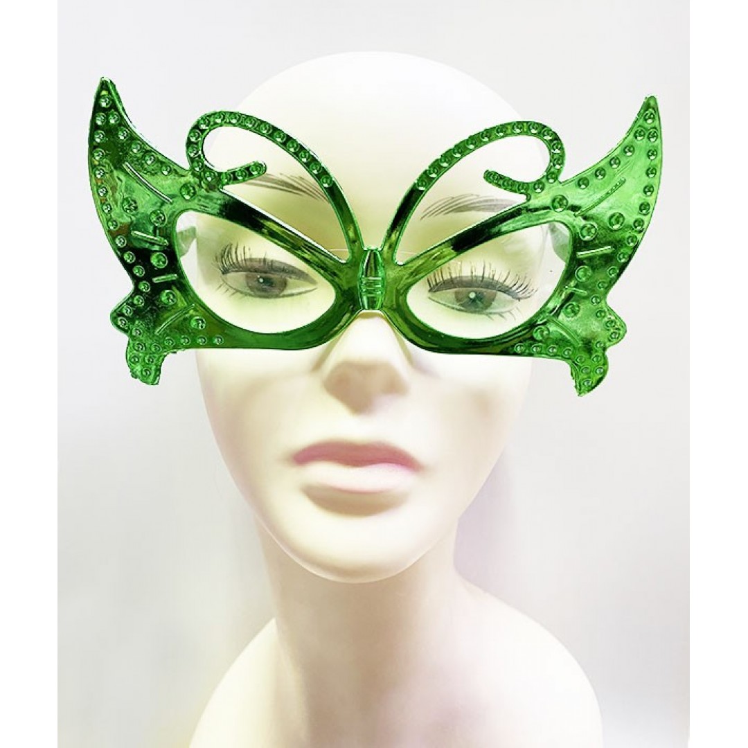 Metalize Kelebek Şekilli Parlak Parti Gözlüğü Yeşil Renk 15x9 Cm