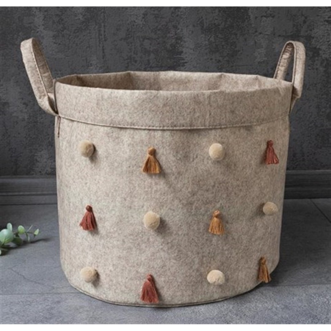 Katlanabilir Çok Amaçlı Ponponlu Yuvarlak Düzenleyici Saklama Kutusu Organizer Keçe (maxi Boy) - 03778