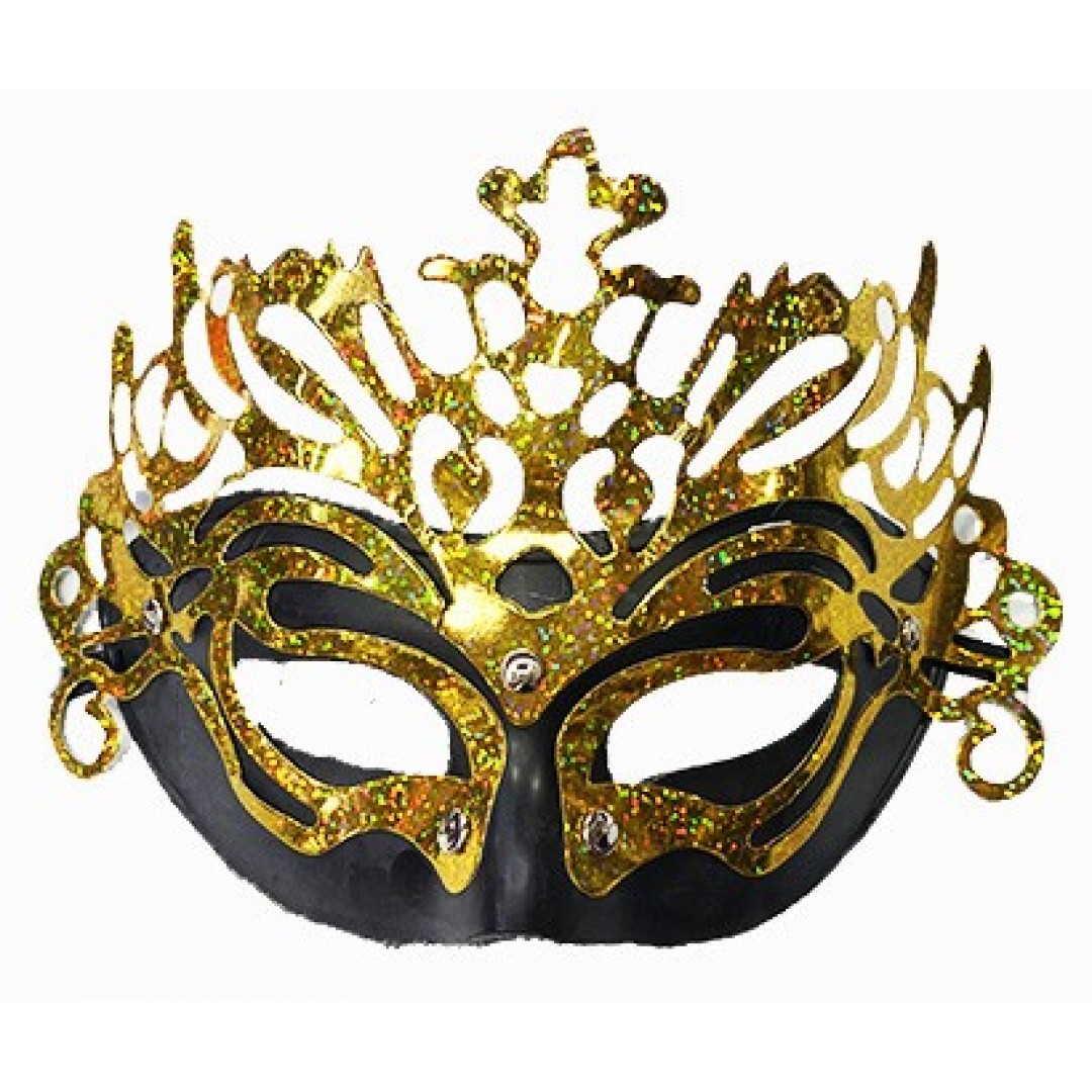 Metalize Ekstra Parlak Hologramlı Parti Maskesi Siyah-altın Renk 23x14 Cm