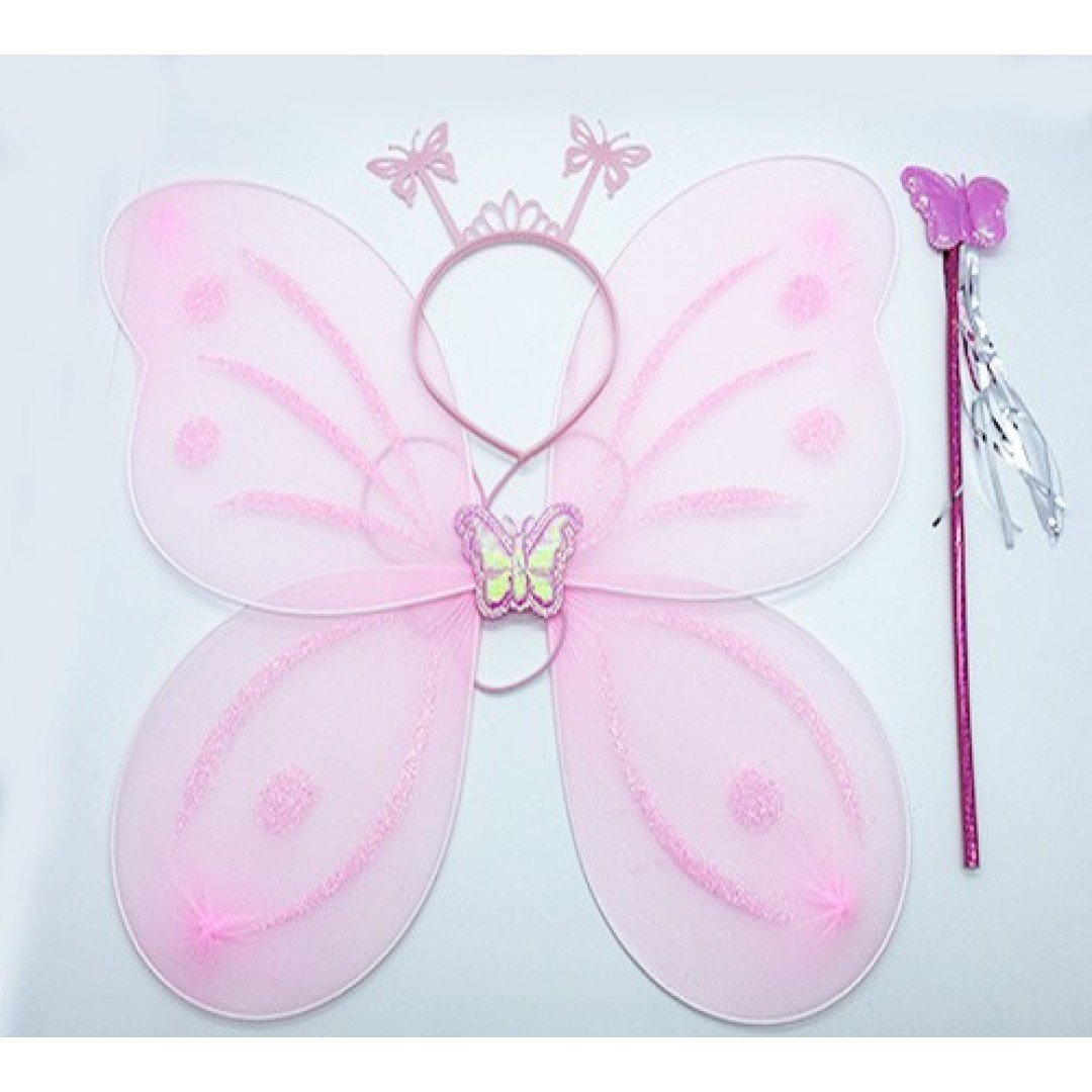 Toz Pembe Renk Kelebek Kanadı Tacı Ve Sopası 50x37 Cm