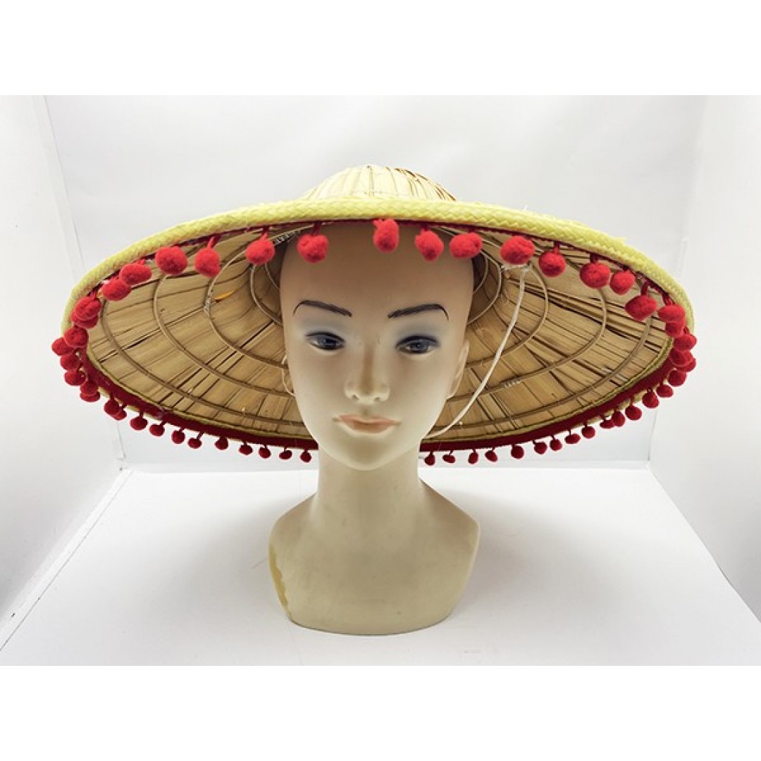 Kırmızı Ponponlu Hasır Meksika Şapkası Yetişkin Boy 42x35 Cm