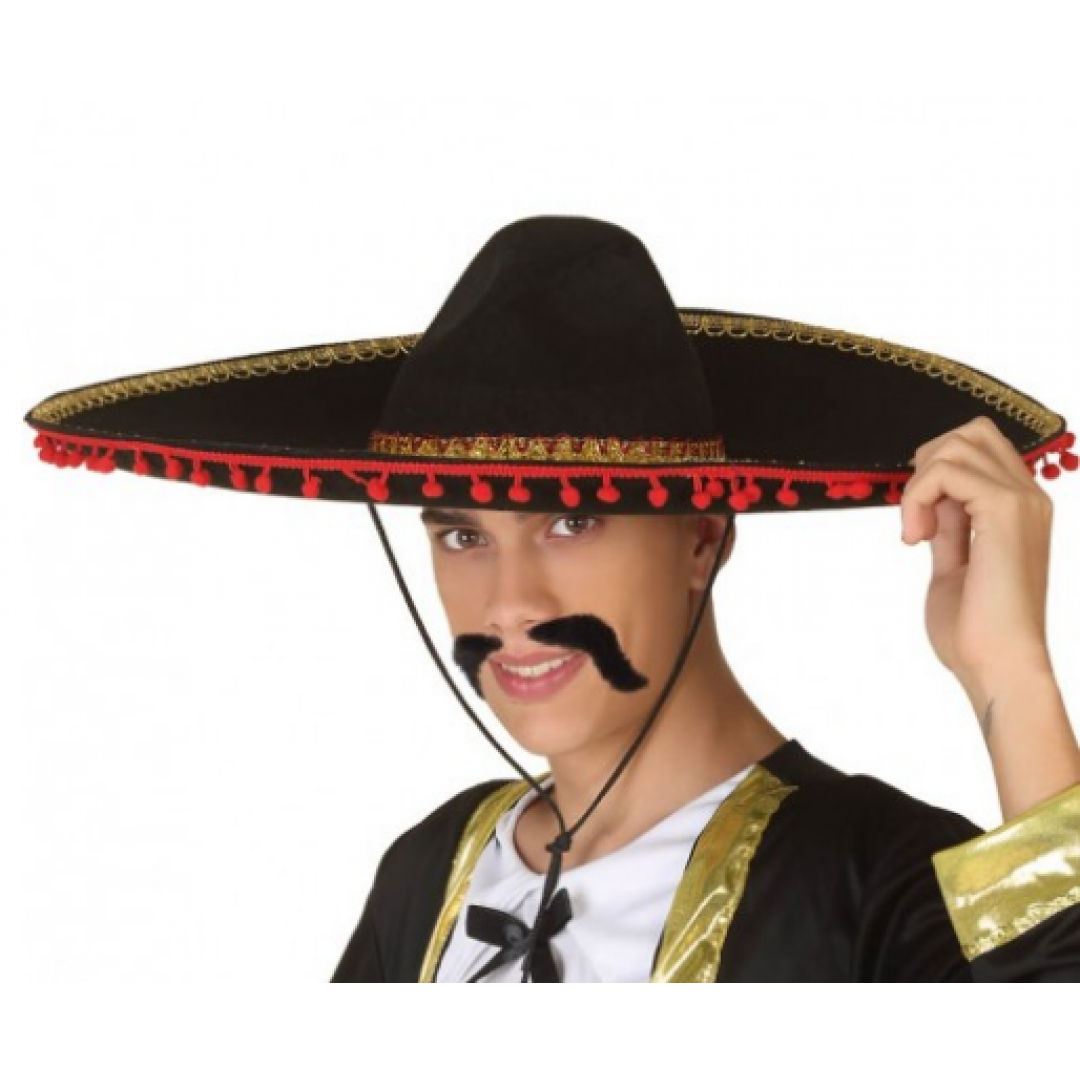 Kırmızı Ponponlu Altın Şeritli Mariachi Jalisco Meksika Şapka Yetişkin Boy